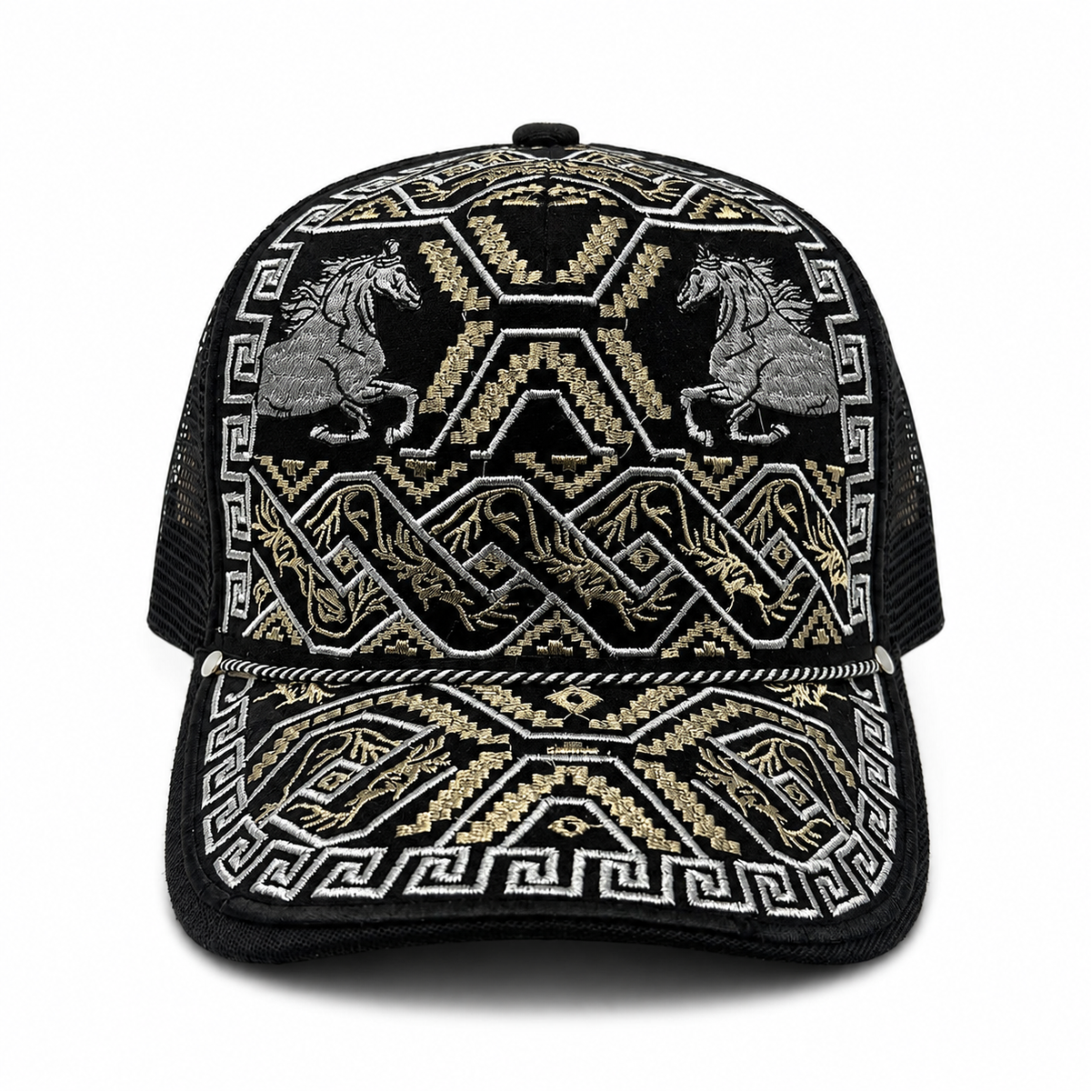 Aztec horses embroidered black Western trucker hat