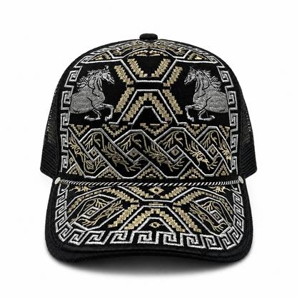 Aztec horses embroidered black Western trucker hat