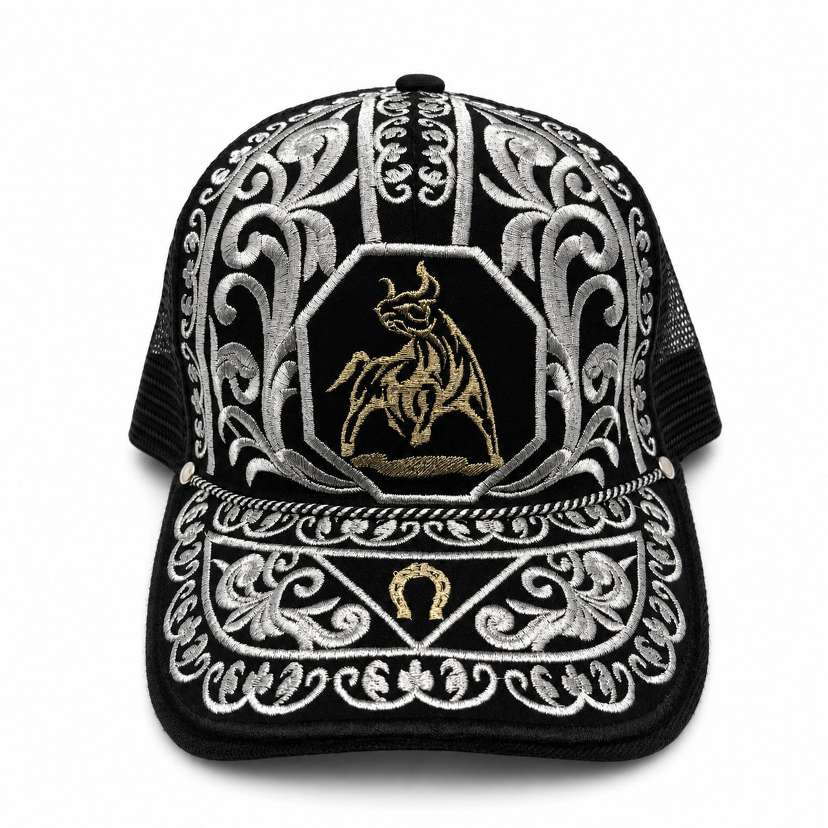 Bucking bull embroidered black Western trucker hat