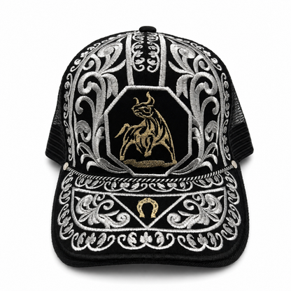 Bucking bull embroidered black Western trucker hat