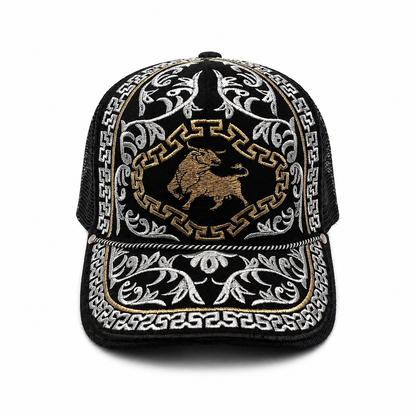 Bull rider embroidered black Western trucker hat