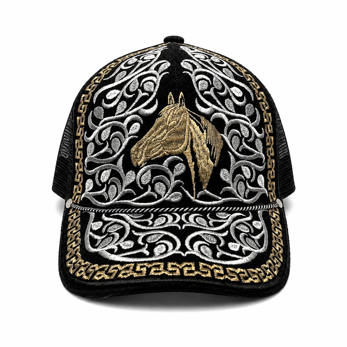 Horse head embroidered black Western trucker hat