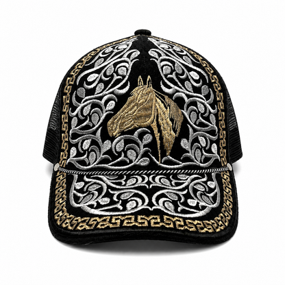 Horse head embroidered black Western trucker hat
