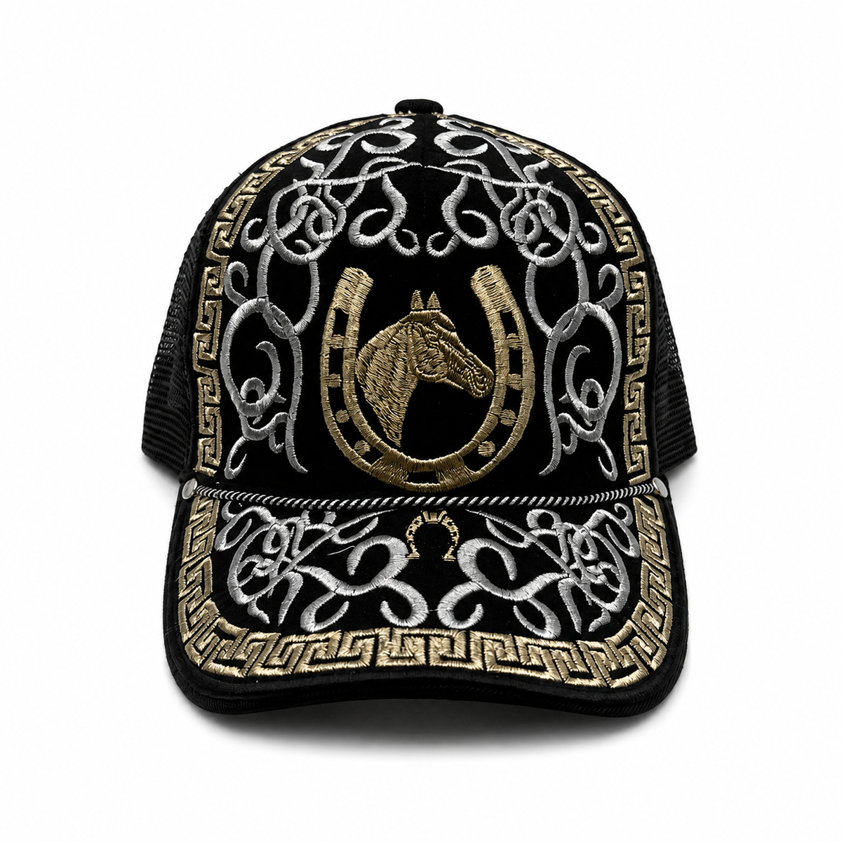 Horseshoe horse embroidered black Western trucker hat