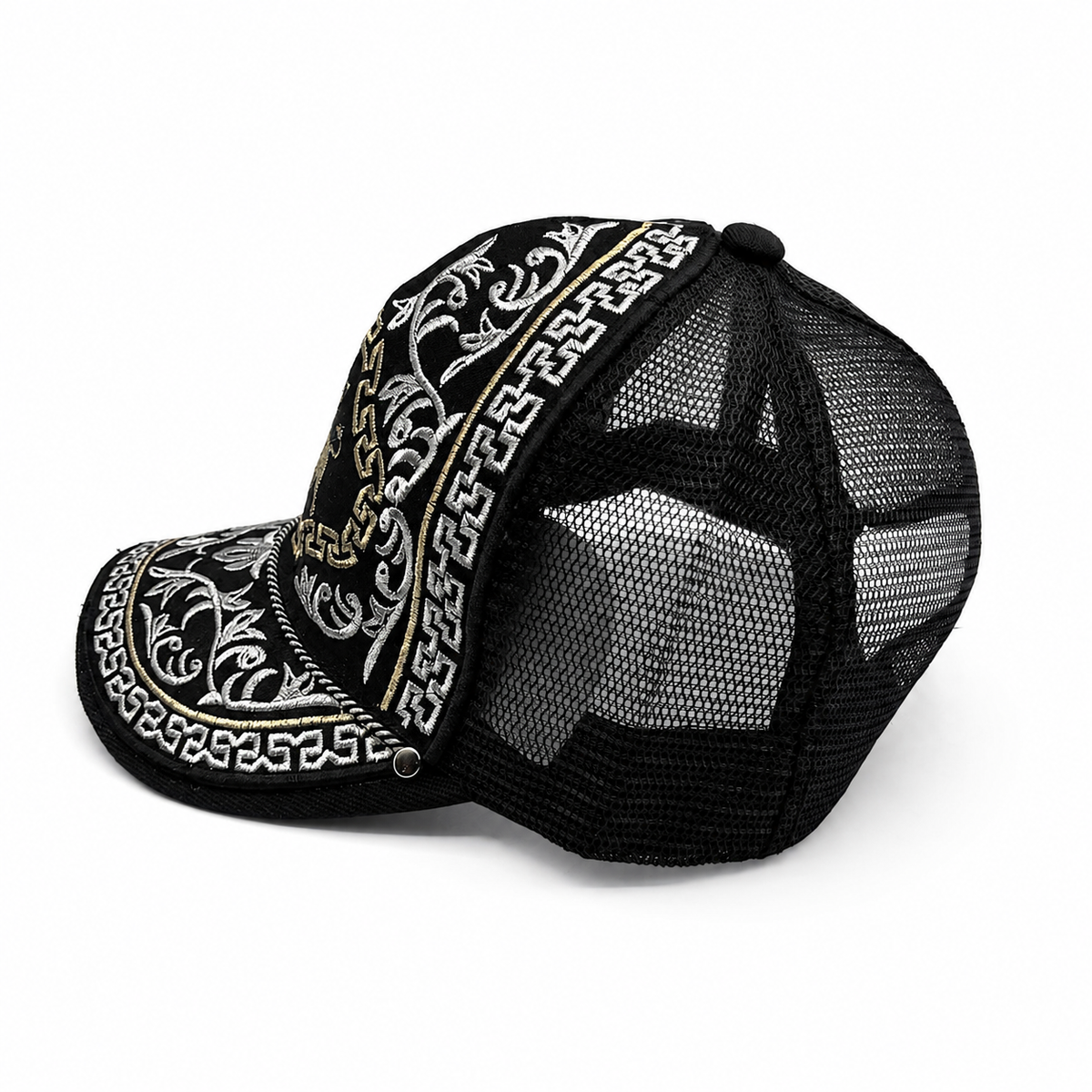 Embroidered black Western trucker hat left-side angle