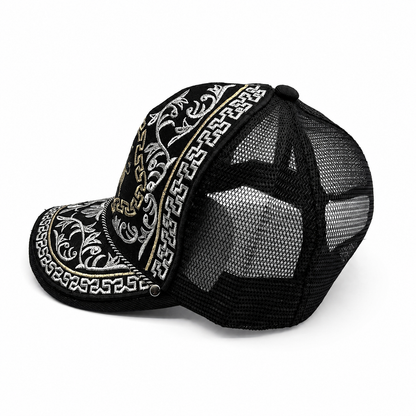 Embroidered black Western trucker hat left-side angle