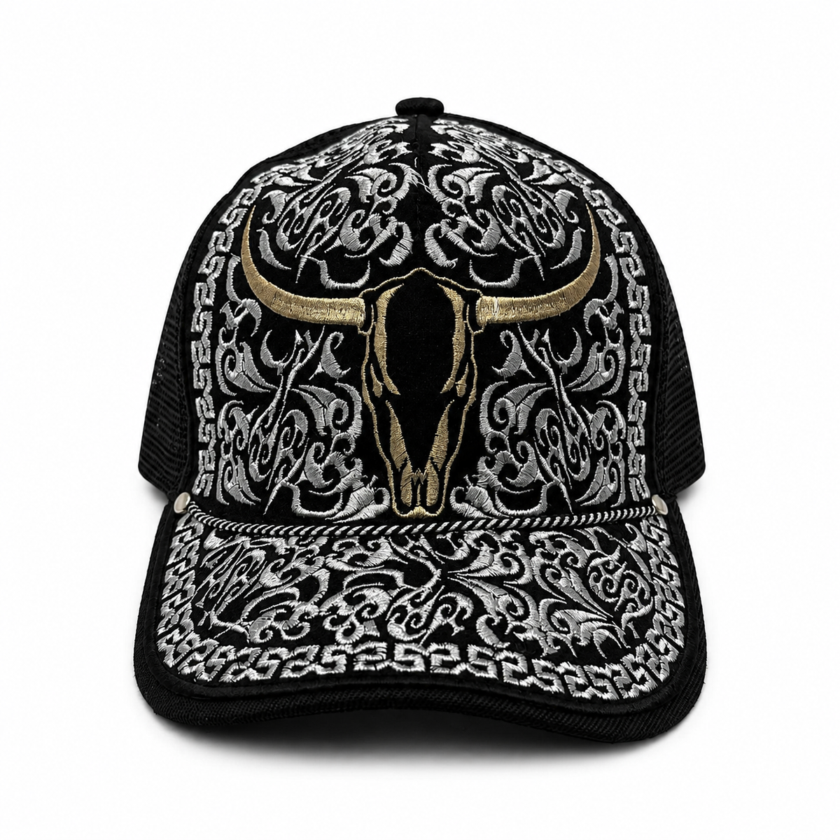 Longhorn skull embroidered black Western trucker hat