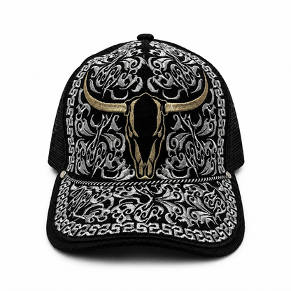 Longhorn skull embroidered black Western trucker hat