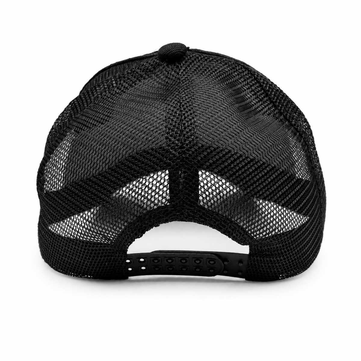 Embroidered black Western trucker hat rear snapback view