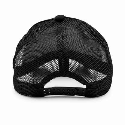 Embroidered black Western trucker hat rear snapback view