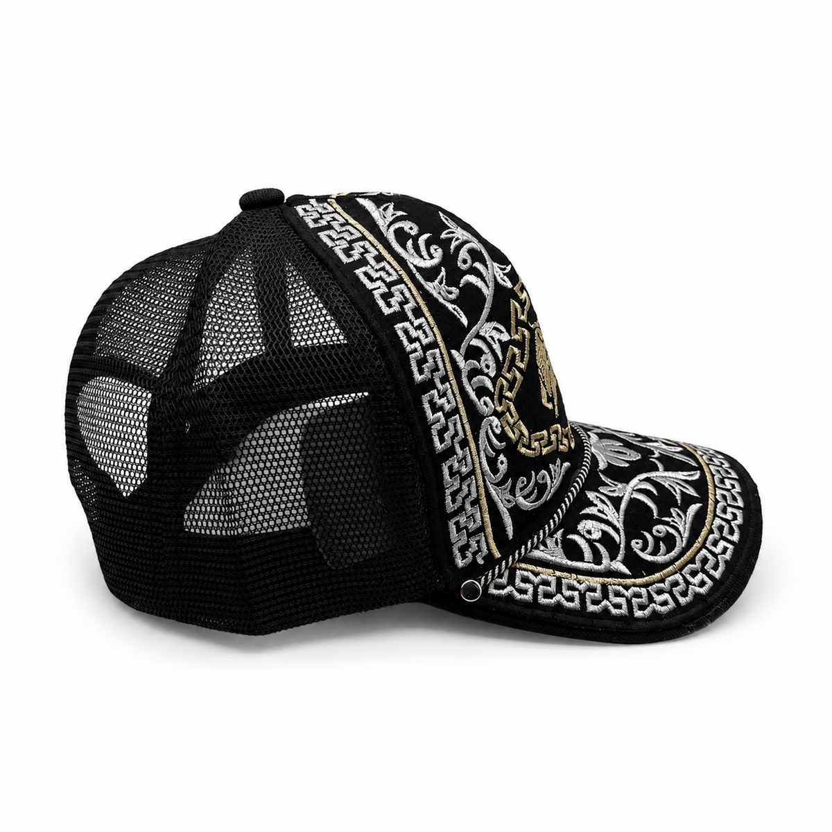 Embroidered black Western trucker hat right-side angle