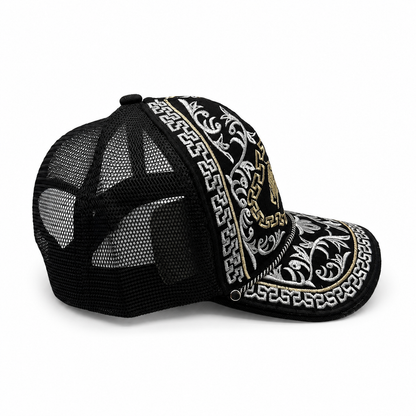 Embroidered black Western trucker hat right-side angle
