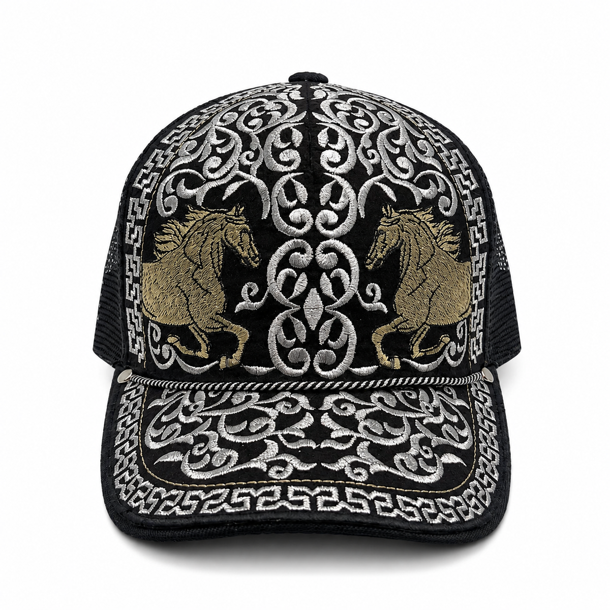 Twin horses embroidered black Western trucker hat