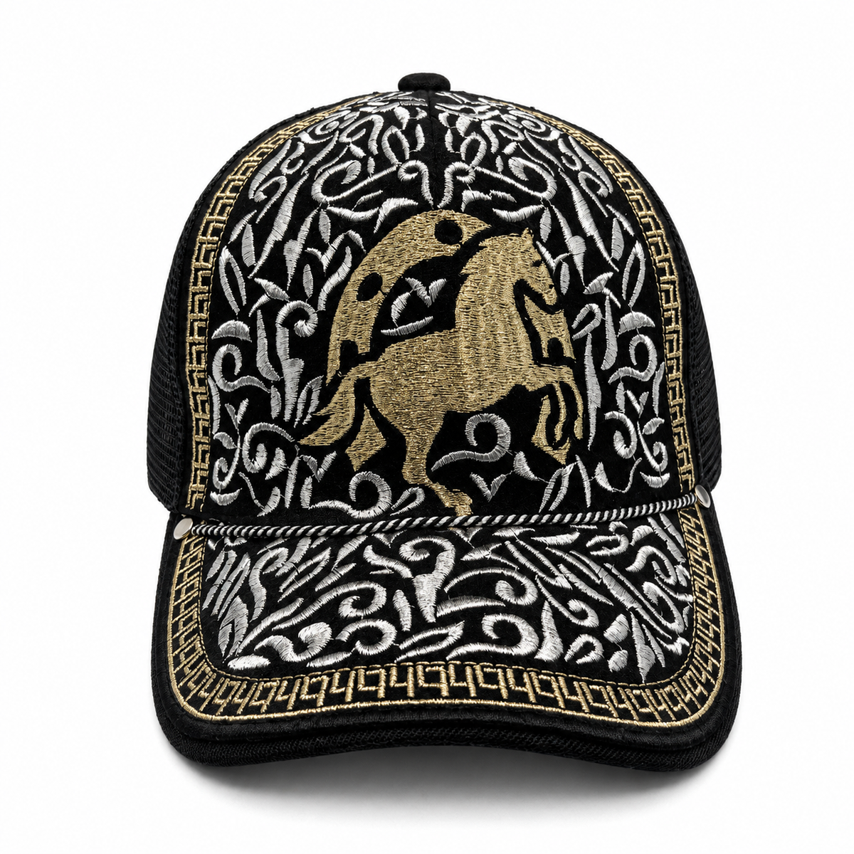 Two horses embroidered black Western trucker hat