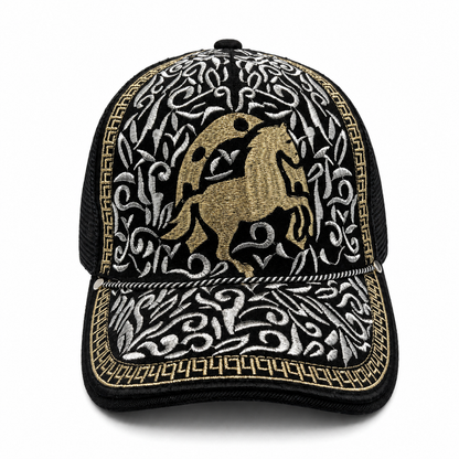 Two horses embroidered black Western trucker hat