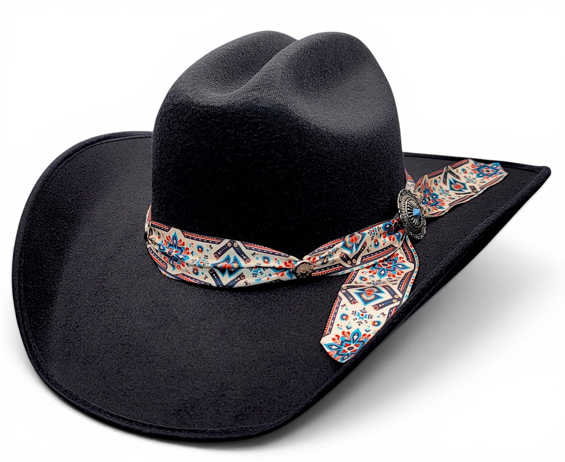 Women’s black faux felt cowgirl hat with patterned Charlie hat band, three-quarter view
