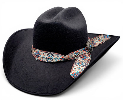 Women’s black faux felt cowgirl hat with patterned Charlie hat band, three-quarter view
