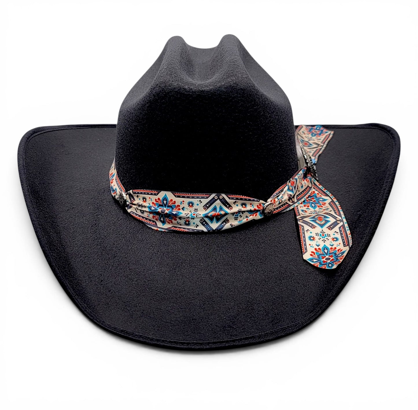 Front view of women’s black faux felt cowgirl hat with patterned Charlie hat band