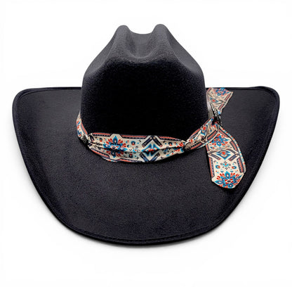 Front view of women’s black faux felt cowgirl hat with patterned Charlie hat band