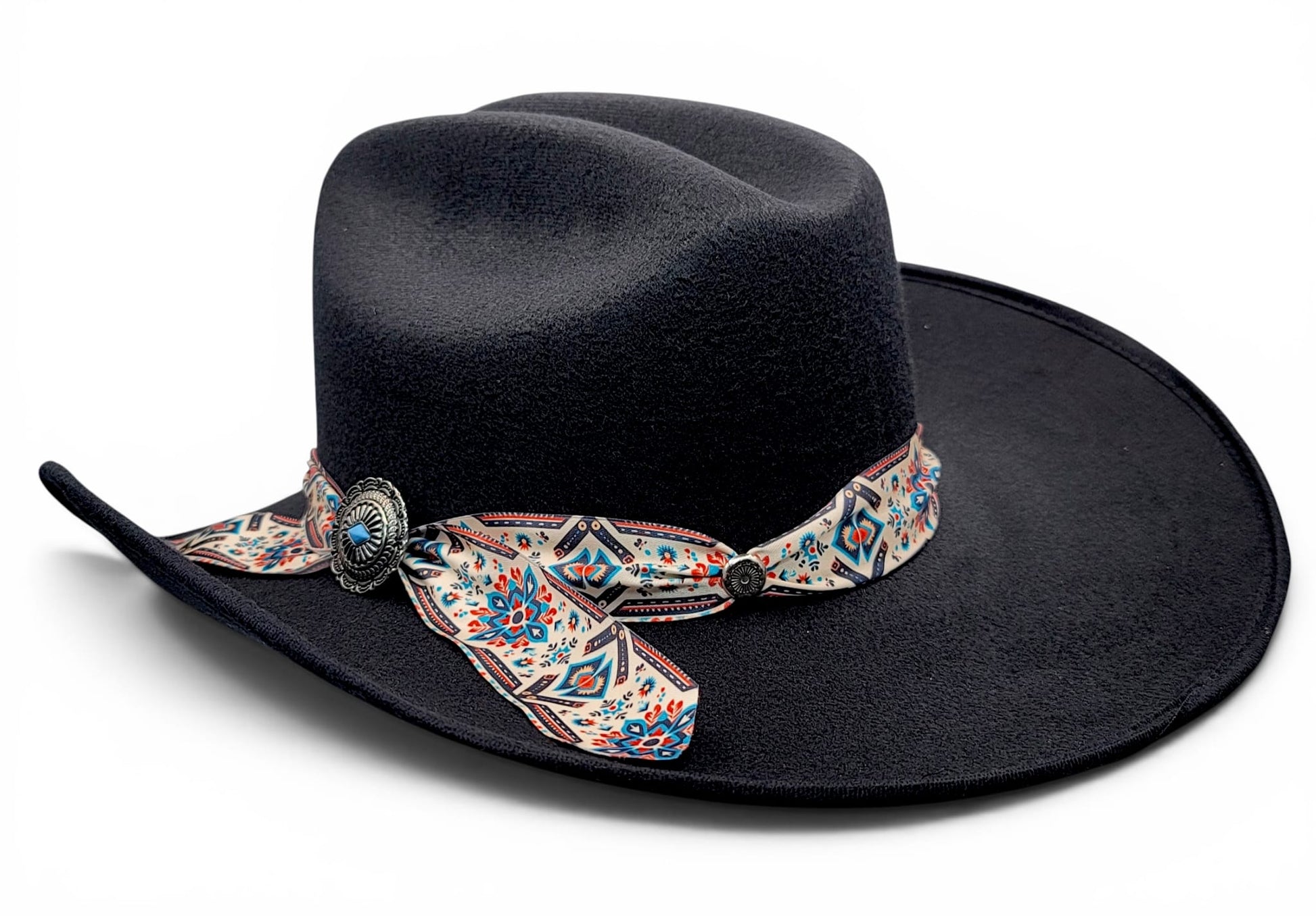 Side view of women’s black faux felt Western cowgirl hat with Charlie hat band