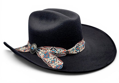 Side view of women’s black faux felt Western cowgirl hat with Charlie hat band