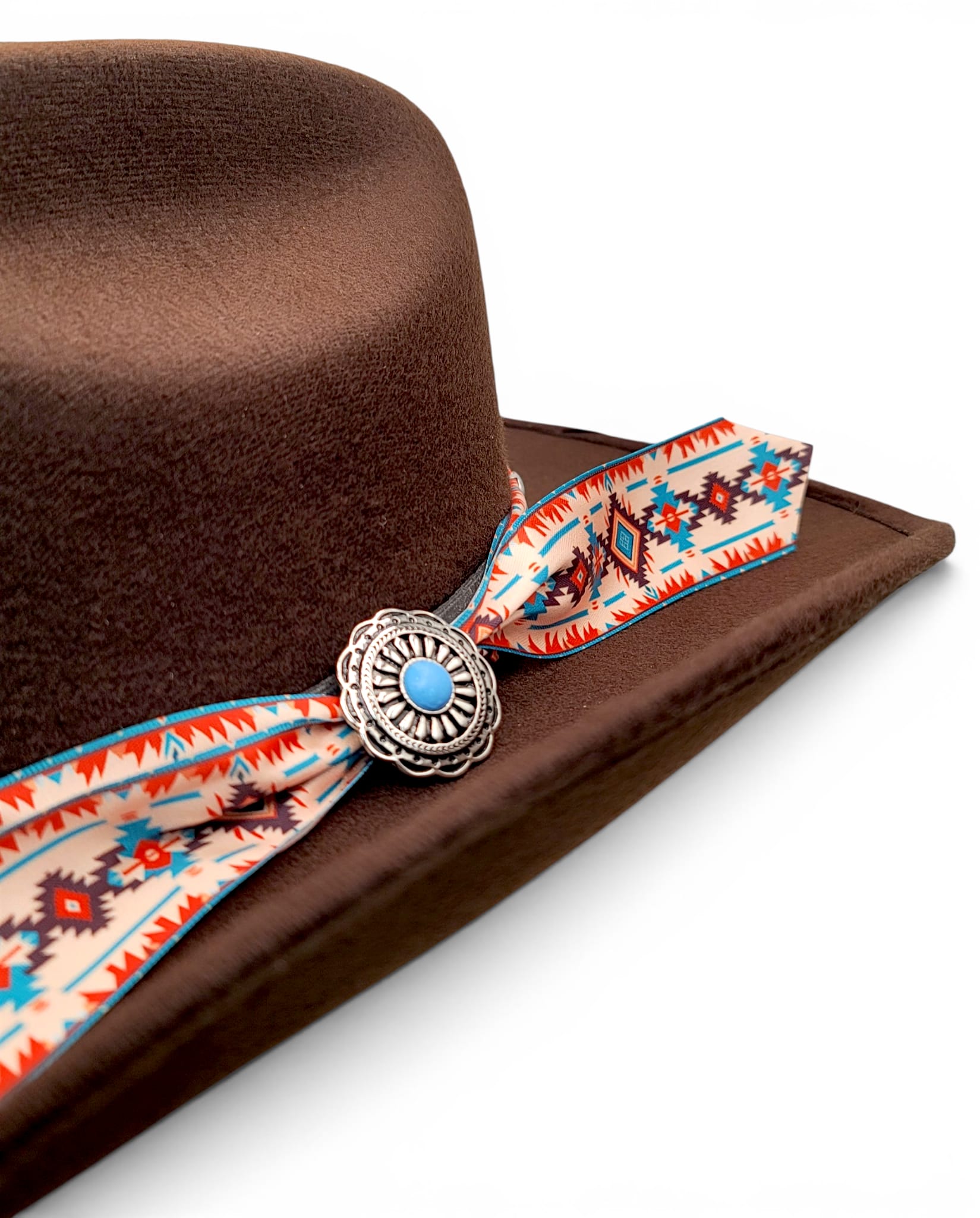 Close-up of Southwestern Charlie hat band and turquoise-color concho on women’s chocolate cowgirl hat