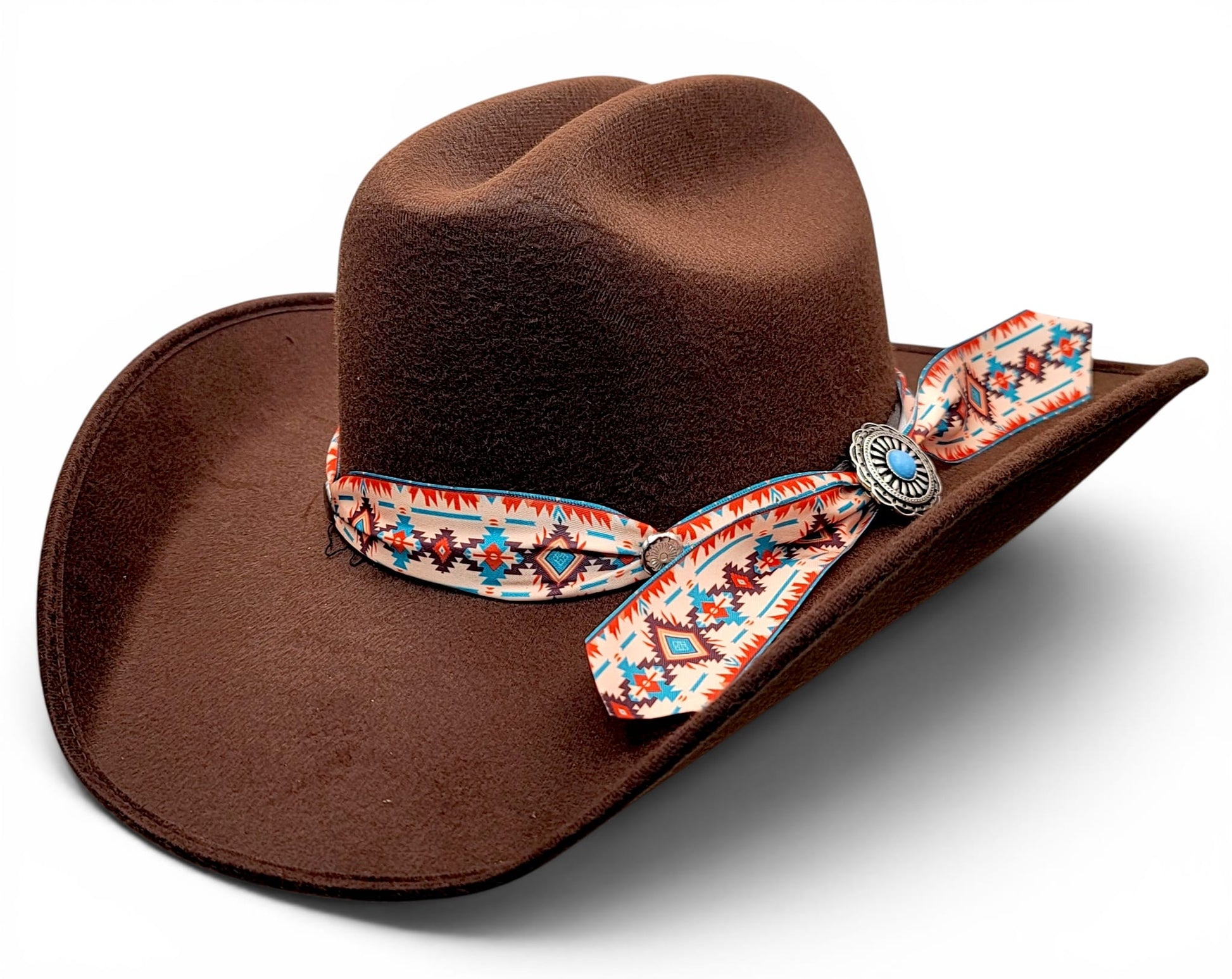 Women’s chocolate faux felt cowgirl hat with Southwestern Charlie hat band, three-quarter view