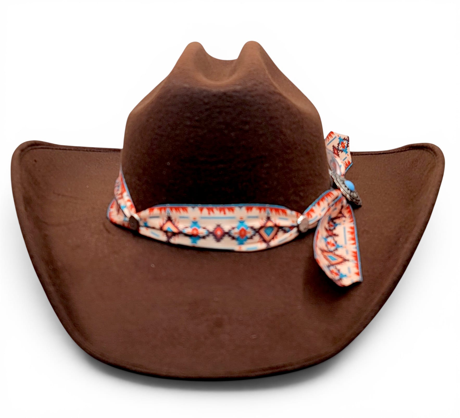 Front view of women’s chocolate faux felt cowgirl hat with Southwestern Charlie hat band