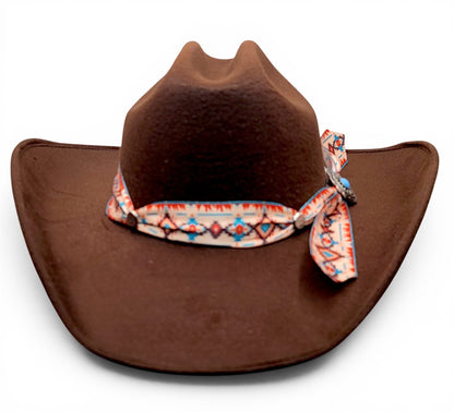 Front view of women’s chocolate faux felt cowgirl hat with Southwestern Charlie hat band