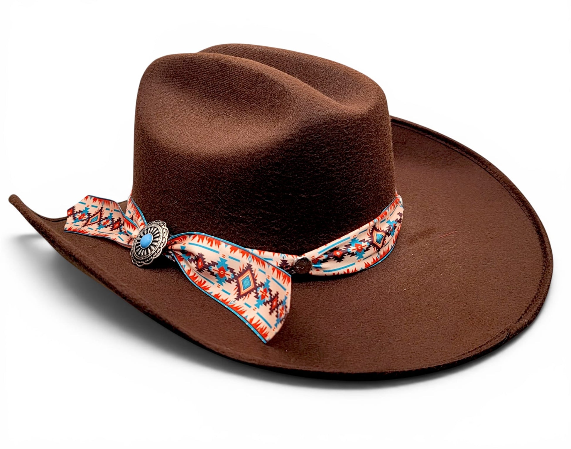 Side view of women’s chocolate faux felt Western cowgirl hat with Charlie hat band