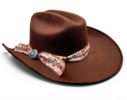 Side view of women’s chocolate faux felt Western cowgirl hat with Charlie hat band