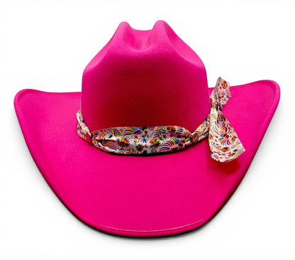 Front view of women’s fuchsia faux felt cowgirl hat with floral Charlie hat band