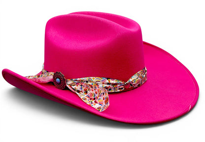 Side view of women’s fuchsia faux felt Western cowgirl hat with Charlie hat band