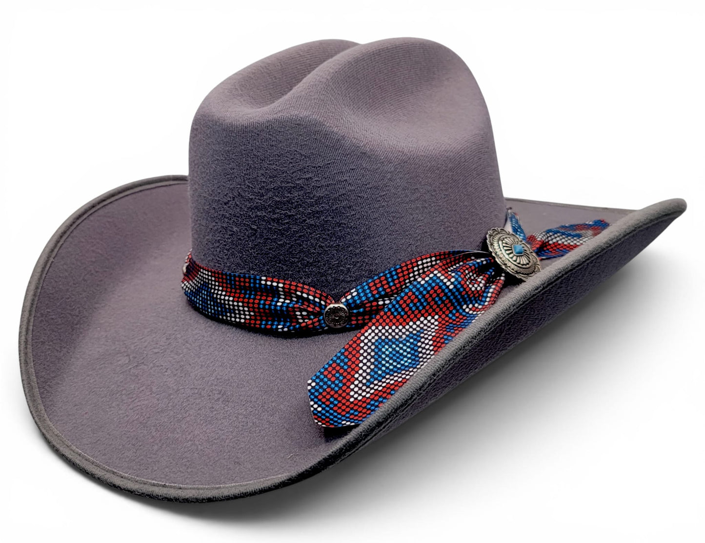 Women’s gray faux felt cowgirl hat with colorful Charlie hat band, three-quarter view