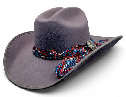 Women’s gray faux felt cowgirl hat with colorful Charlie hat band, three-quarter view