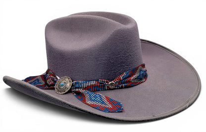 Women’s gray faux felt Western cowgirl hat with Charlie hat band, side angle