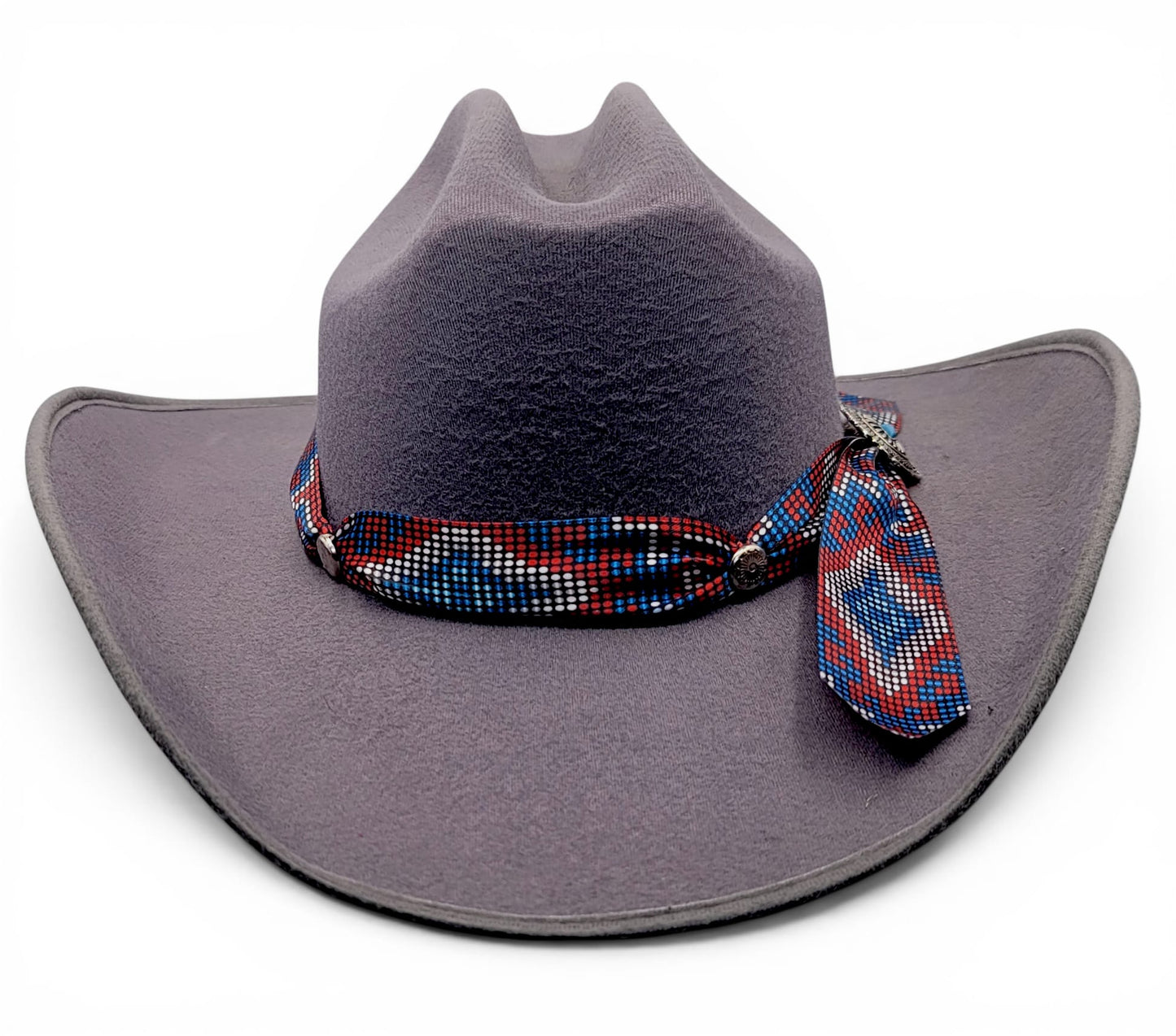 Front view of women’s gray faux felt cowgirl hat with Charlie hat band