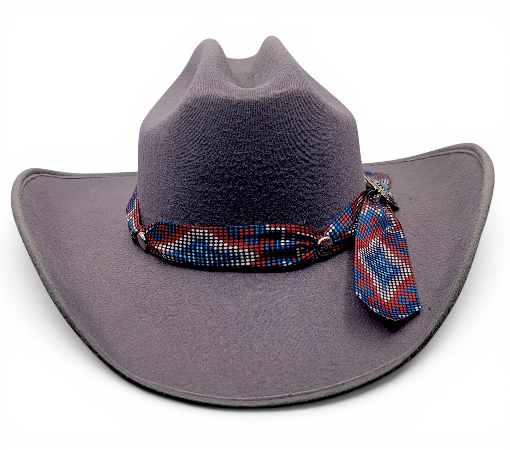 Front view of women’s gray faux felt cowgirl hat with Charlie hat band