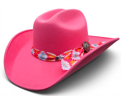 Women’s pink faux felt cowgirl hat with Charlie hat band, three-quarter view