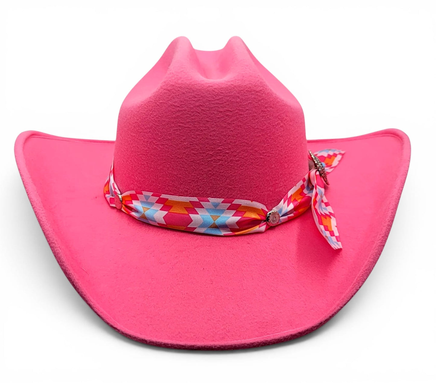 Front view of women’s pink faux felt cowgirl hat with colorful Charlie hat band