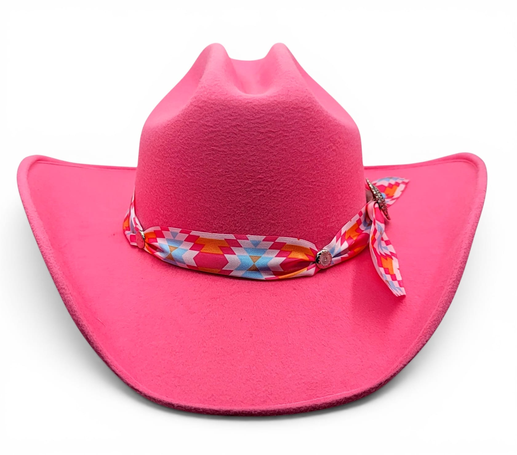 Front view of women’s pink faux felt cowgirl hat with colorful Charlie hat band