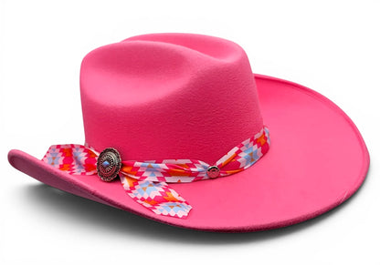 Side view of women’s pink faux felt Western cowgirl hat with Charlie hat band