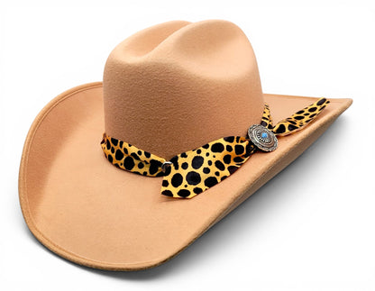 Women’s tan faux felt cowgirl hat with animal-print Charlie hat band, three-quarter view