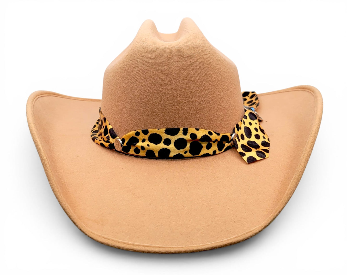 Front view of women’s tan faux felt cowgirl hat with animal-print Charlie hat band