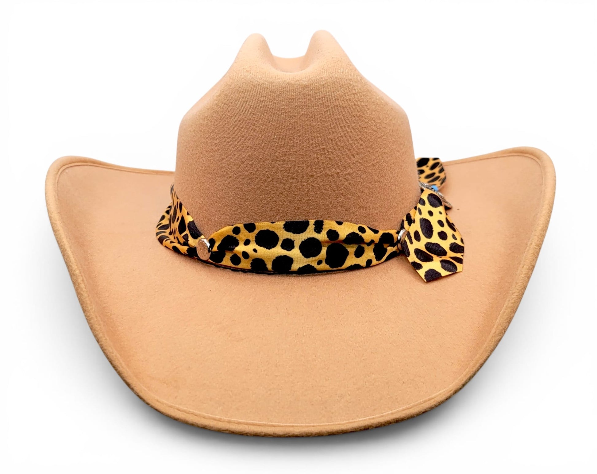 Front view of women’s tan faux felt cowgirl hat with animal-print Charlie hat band