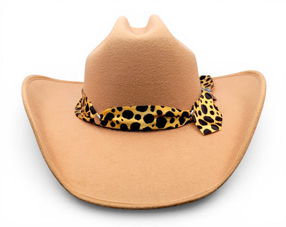Front view of women’s tan faux felt cowgirl hat with animal-print Charlie hat band