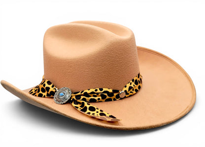 Side view of women’s tan faux felt Western cowgirl hat with Charlie hat band